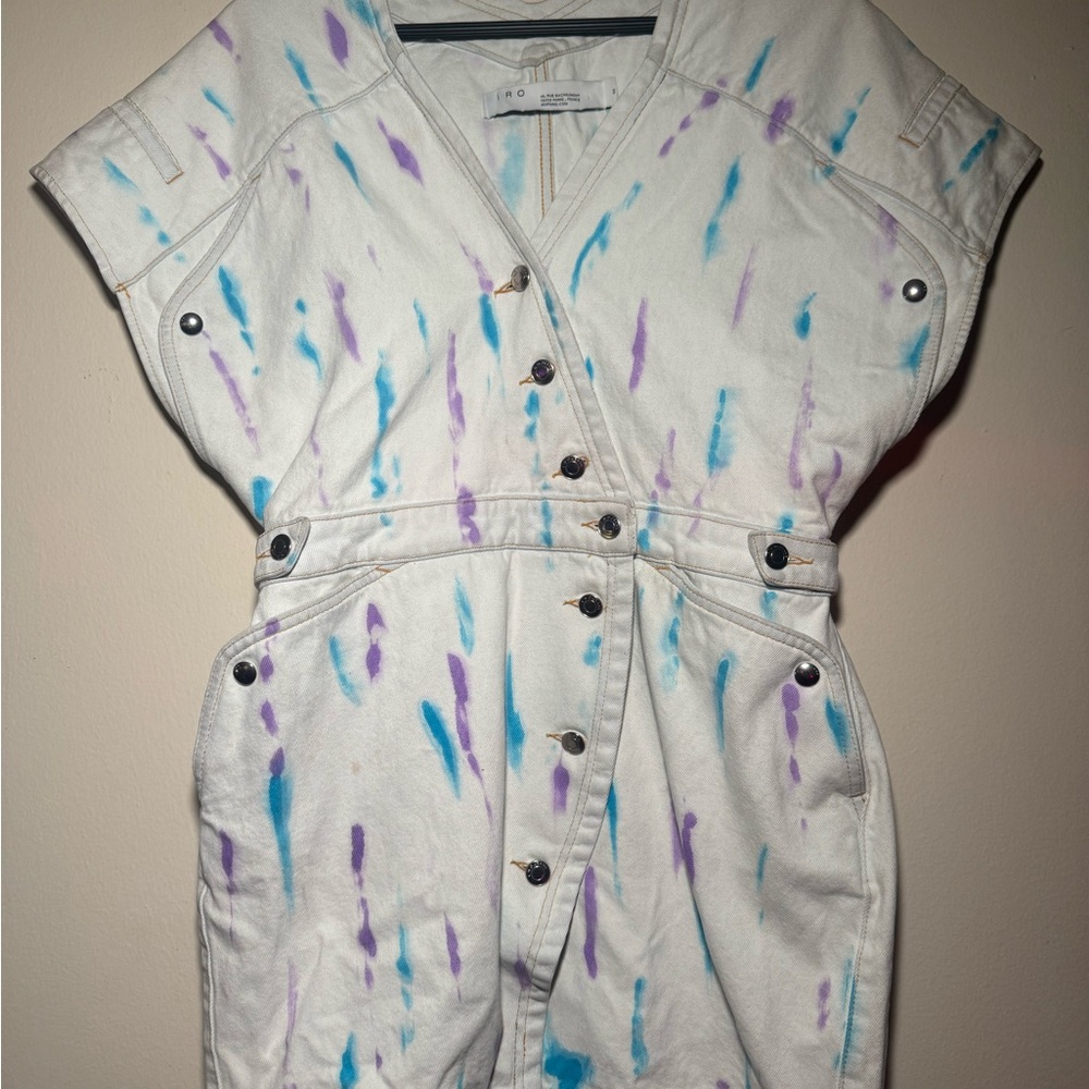 IRO White Tie-Dye Denim Jumpsuit with Blue & Purple Accents